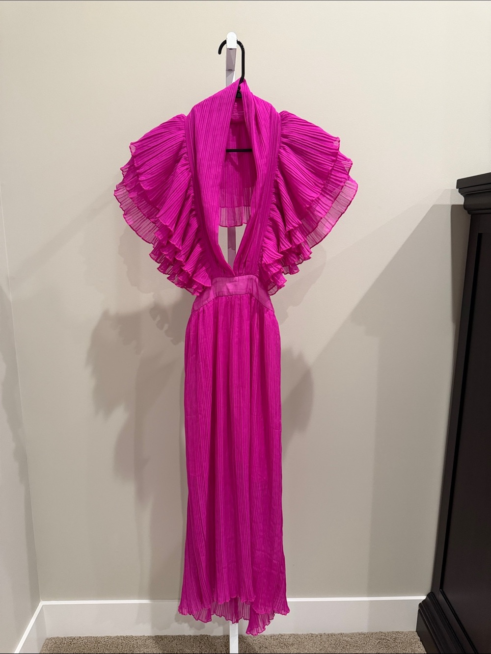 Fuchsia Pleated Ruffle Collar Maxi Dress